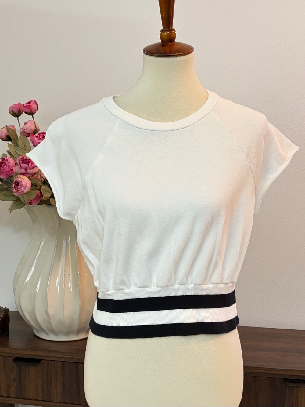 Material Girl White Tee with Black Stripe Hem